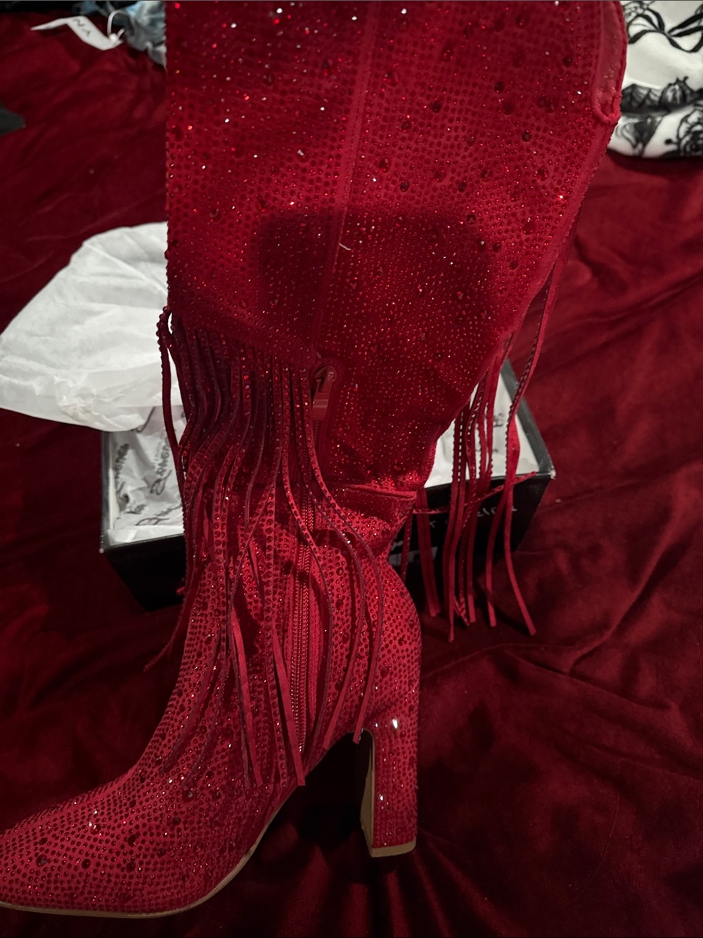 Red Fringe Rhinestone High Heel Boot - Picture 5 of 6